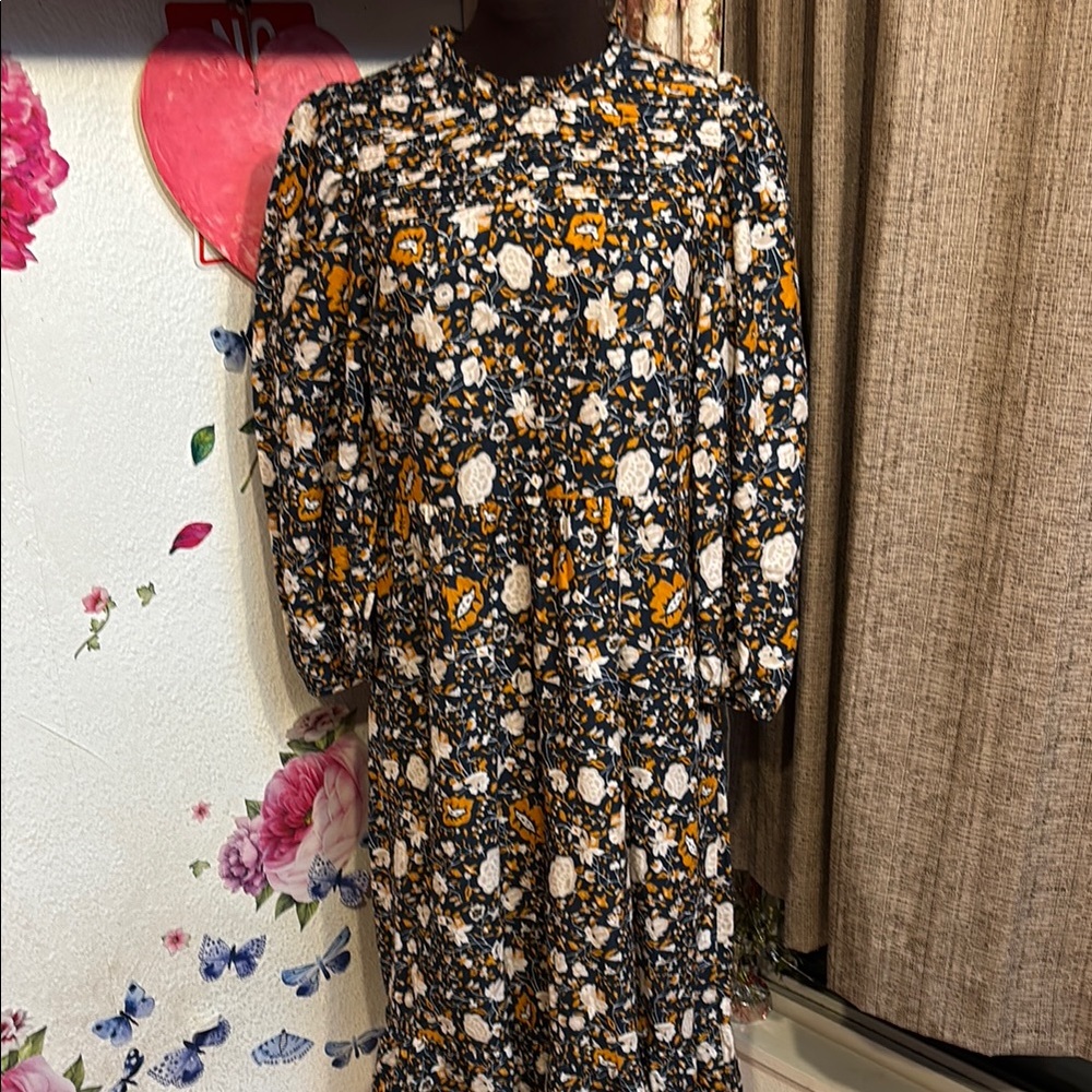 Universal Thread navy cream and ochre yellow floral prairie dress. Size XS.